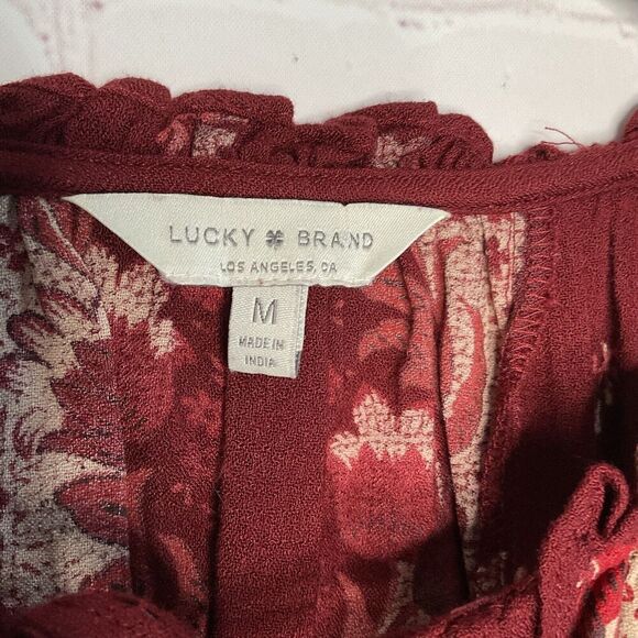 Lucky Brand Womens Medium M Maroon Floral Bishop Sleeve Peasant‎ Boho Blouse Top - Picture 5 of 11